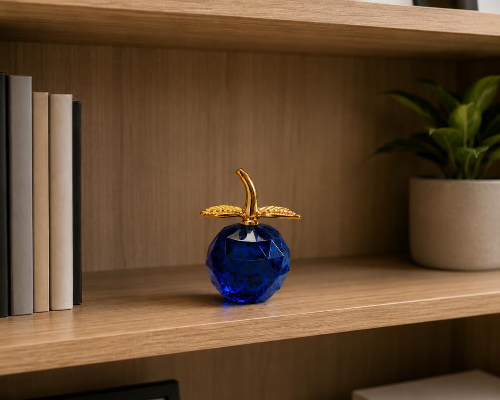 Mini Kristal Cam Dekoratif Elma Biblo 6.5 CM Gold Yapraklı Modern Masa Ofis Süsü 