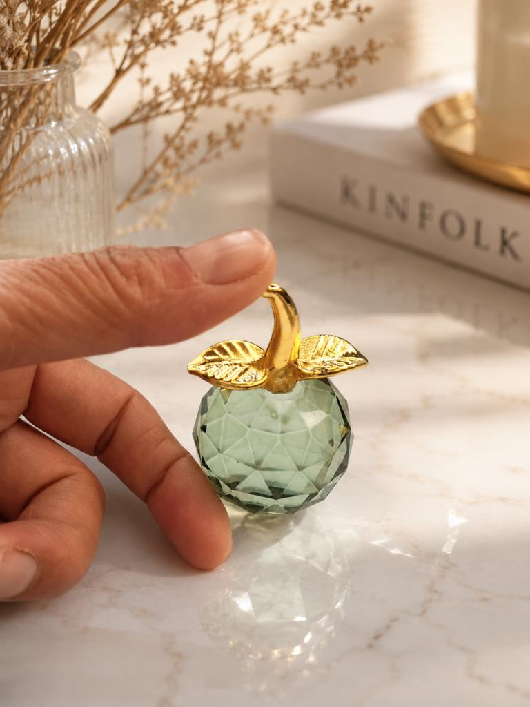 Mini Kristal Cam Dekoratif Elma Biblo 6.5 CM Gold Yapraklı Modern Masa Ofis Süsü 