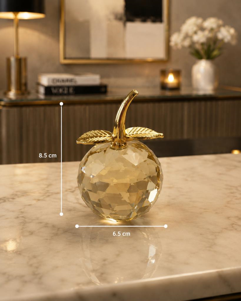 Mini Sarı Kristal Elma Biblo 7.5 Cm Dekoratif Cam Obje Gold Yapraklı Şık Masa Üstü Süsü 