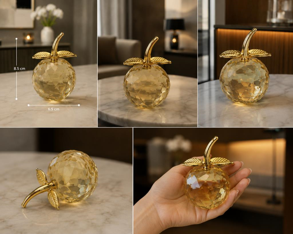 Mini Sarı Kristal Elma Biblo 7.5 Cm Dekoratif Cam Obje Gold Yapraklı Şık Masa Üstü Süsü 