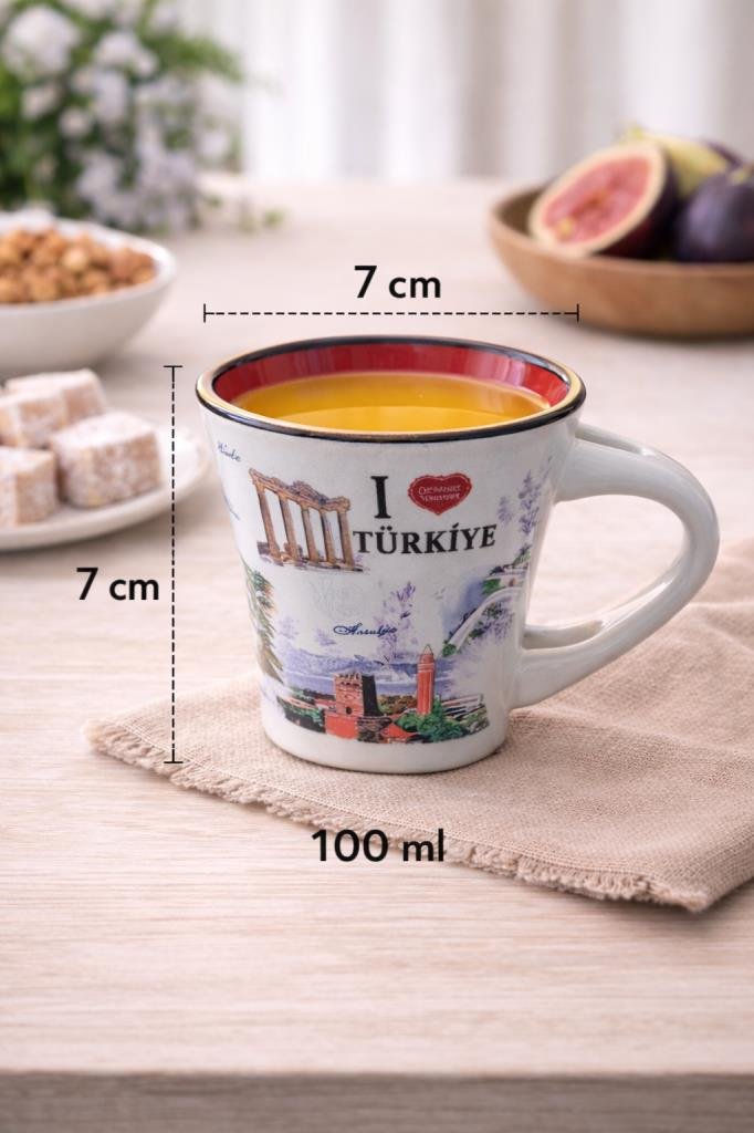 Mini Seramik Bardak 100 ml – I Love Türkiye Desenli Küçük Kupa | Kahve, Çay & Meyve Suyu İçin 7x7 cm
