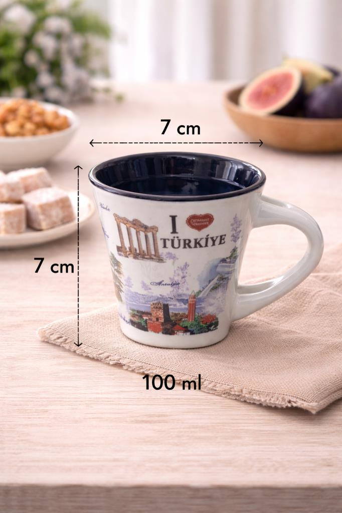 Mini Seramik Bardak 100 ml – I Love Türkiye Desenli Küçük Kupa | Kahve, Çay & Meyve Suyu İçin 7x7 cm