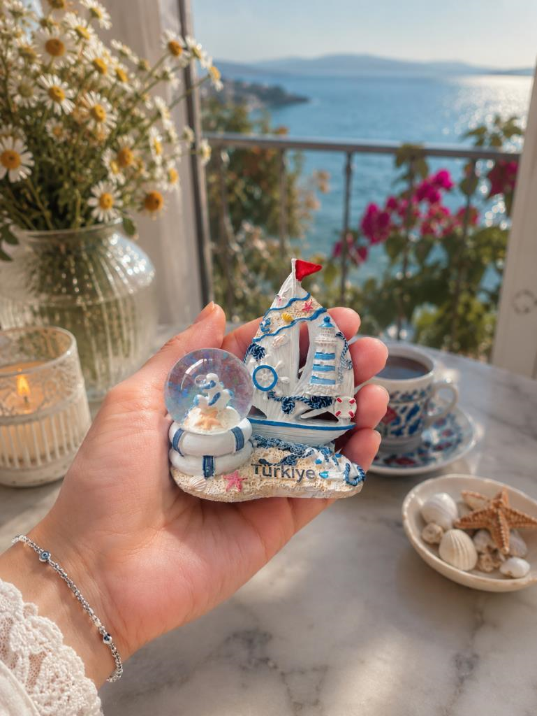 Minik Yelkenli Kar Küresi Biblo – Deniz Temalı Dekoratif Masa Üstü Süs Hediyelik