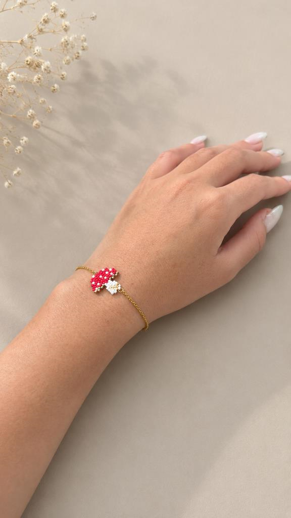 Minimal Tasarım Kırmızı Beyaz Mantar Charm Bileklik