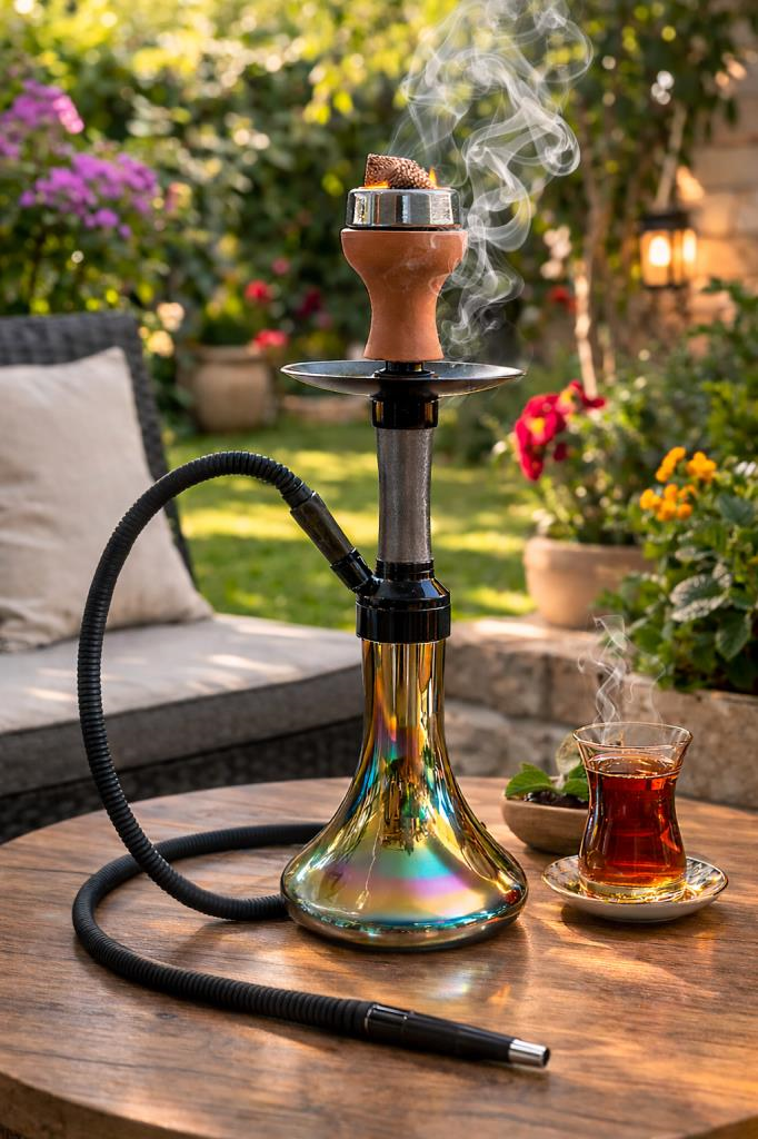 Modern Cam Nargile Takımı 60 cm – Masaüstü Nargile Seti Hortumlu Şişe Cam Nargile Ev Balkon Teras Kullanımı