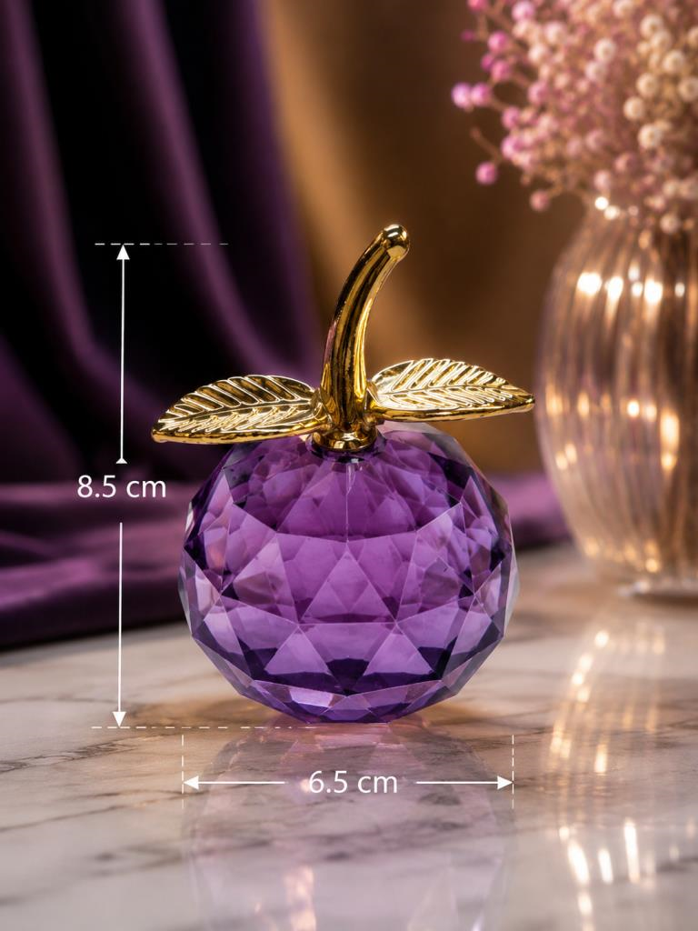 Mor Kristal Cam Elma Biblo Orta Boy 8.5 Cm Dekoratif Masa Üstü Obje Gold Yapraklı   