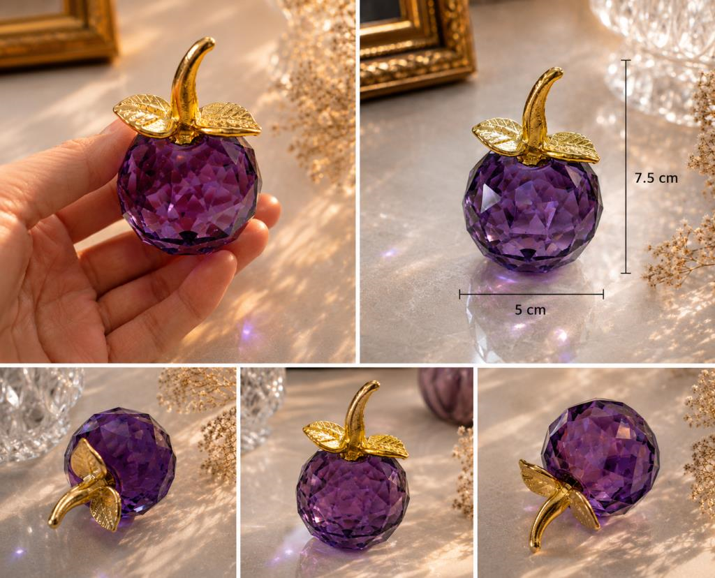 Mor Kristal Elma Biblo Mini Boy 7.5 Cm Dekoratif Cam Obje Gold Yapraklı Lüks Masa Üstü Süs