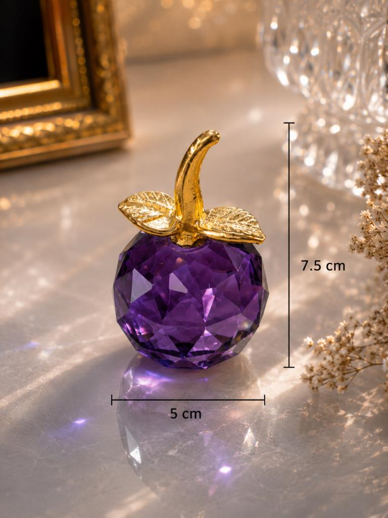 Mor Kristal Elma Biblo Mini Boy 7.5 Cm Dekoratif Cam Obje Gold Yapraklı Lüks Masa Üstü Süs