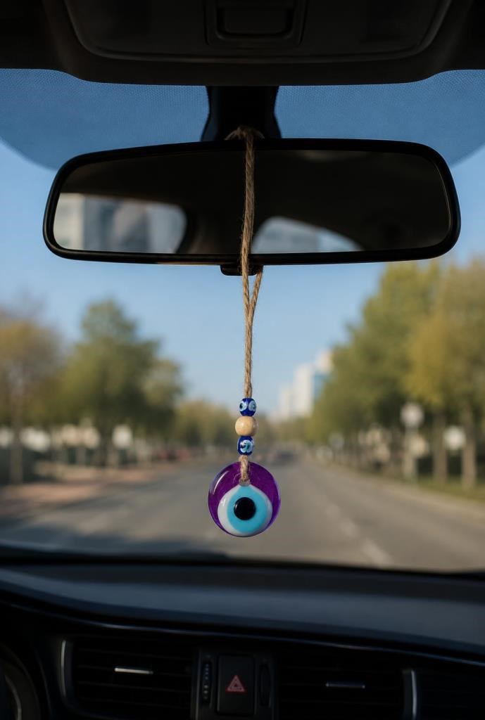 Nazar Boncuğu Dikiz Aynası Süsü Mor Renkli 3 cm Duvar Süsü El Yapımı Cam Kapı Süsü 