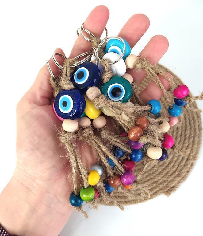 Nazar Boncuk Anahtarlık 10 Adet Karışık Renkli Kötü Göz Kovucu Nazar Hand Made Hasır Renkli Ahşap Boncuklu Nazarlı 