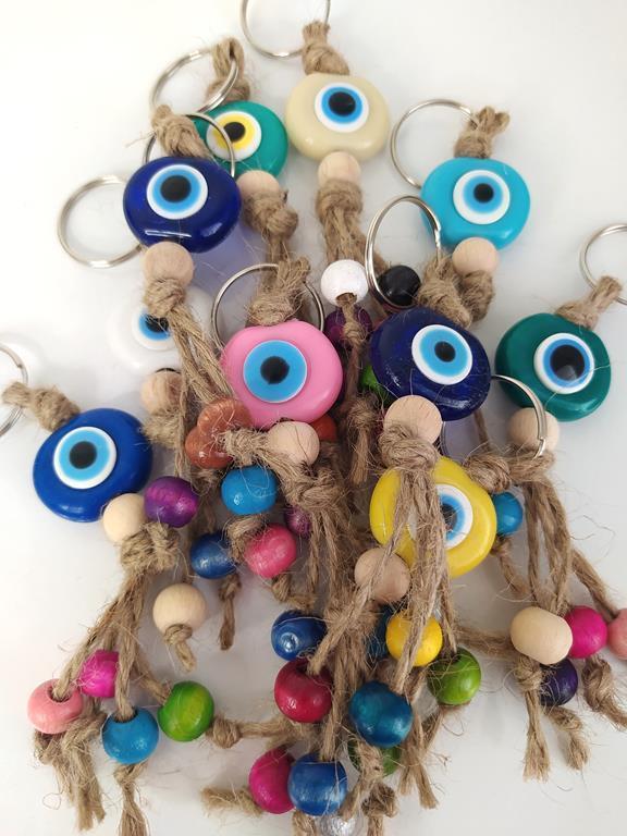Nazar Boncuk Anahtarlık 10 Adet Karışık Renkli Kötü Göz Kovucu Nazar Hand Made Hasır Renkli Ahşap Boncuklu Nazarlı 