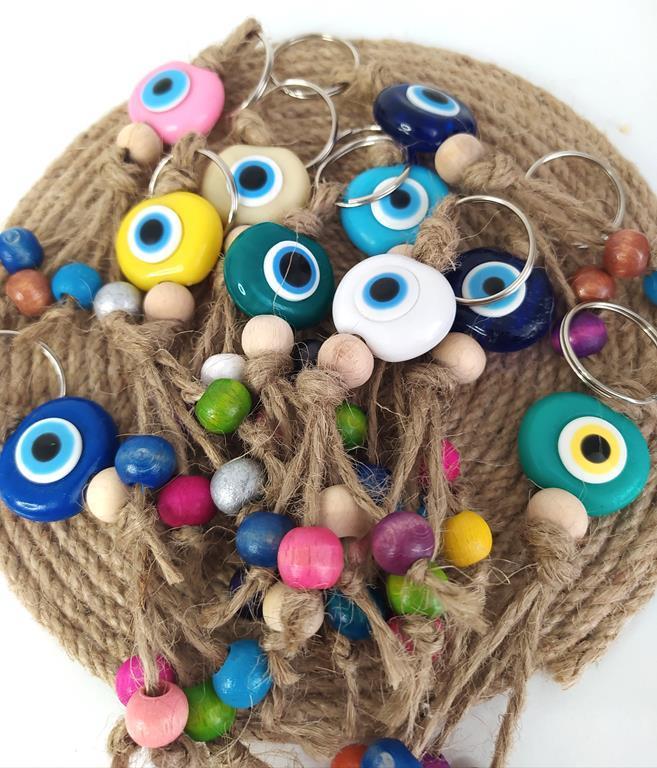 Nazar Boncuk Anahtarlık 10 Adet Karışık Renkli Kötü Göz Kovucu Nazar Hand Made Hasır Renkli Ahşap Boncuklu Nazarlı 