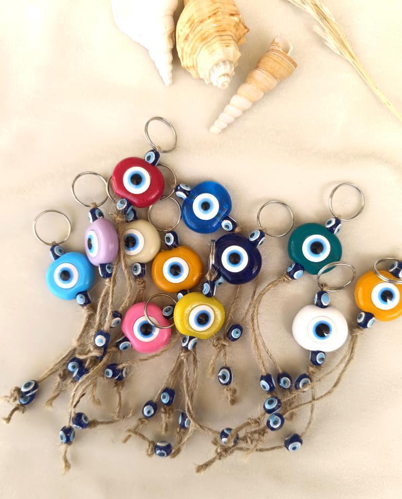 Nazar Boncuk Anahtarlık 10 Adet Kötü Göz Kovucu Nazar Hand Made Hasır Renkli Boncuklu Nazarlı Anahtarlık