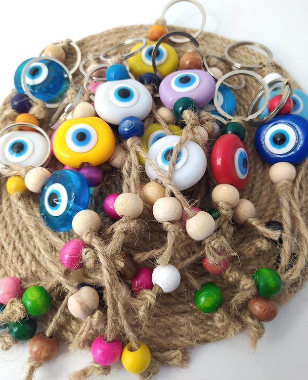 Nazar Boncuk Anahtarlık 20 Adet Kötü Göz Kovucu Nazar Hand Made Hasır Renkli Boncuklu Nazarlı Anahtarlık