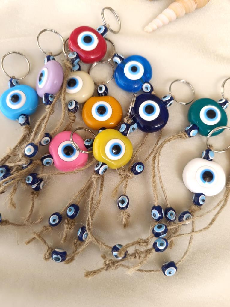 Nazar Boncuk Anahtarlık 5 Adet Kötü Göz Kovucu Nazar Hand Made Hasır Renkli Boncuklu Nazarlı Anahtarlık