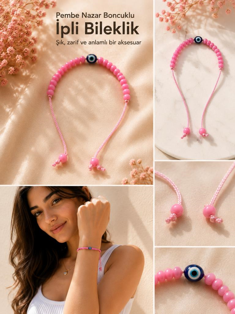Nazar Boncuklu İpli Bileklik Pembe Boncuklu Kadın Çocuk Bilekliği El Yapımı Minimal Şans Bilekliği 24-28 cm