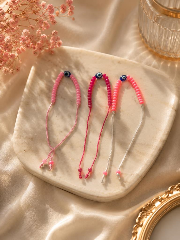 Nazar Boncuklu İpli Bileklik Pembe Boncuklu Kadın Çocuk Bilekliği El Yapımı Minimal Şans Bilekliği 24-28 cm