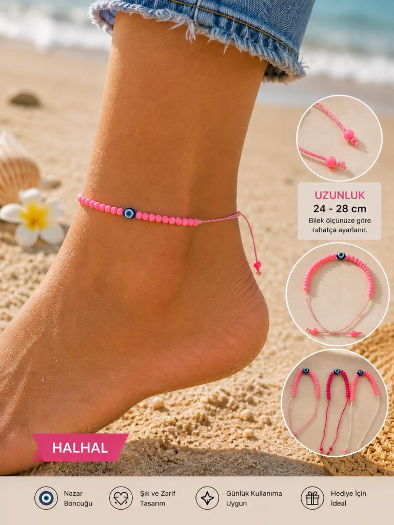 Nazar Boncuklu İpli Bileklik Pembe Boncuklu Kadın Çocuk Bilekliği El Yapımı Minimal Şans Bilekliği 24-28 cm