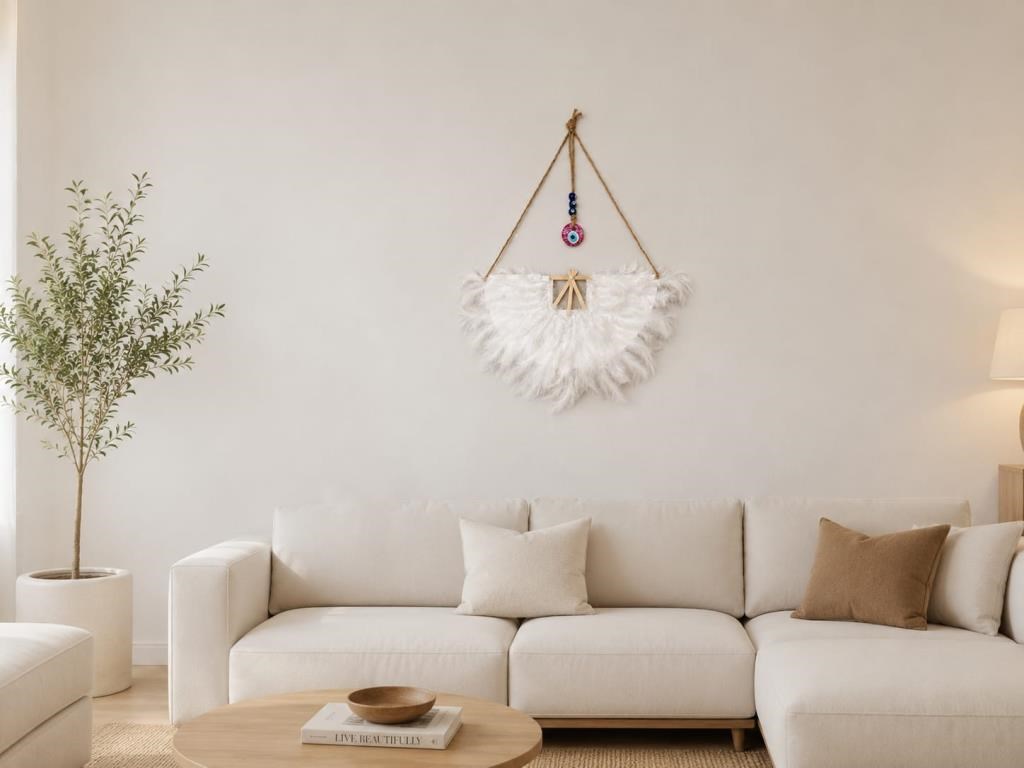 Nazar Boncuklu Melek Kanadı Duvar Dekoru – Bohem Beyaz Tüylü Kapı ve Ev Süsü 63x44 cm