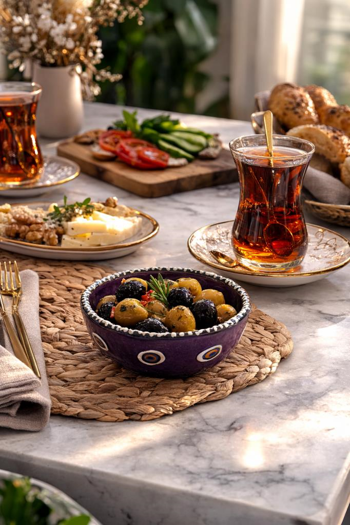 Nazar Boncuklu Seramik Çerezlik Kase 12 cm – El Yapımı Dekoratif Zeytin ve Çerez Kasesi Kahvaltılık Sunumluk