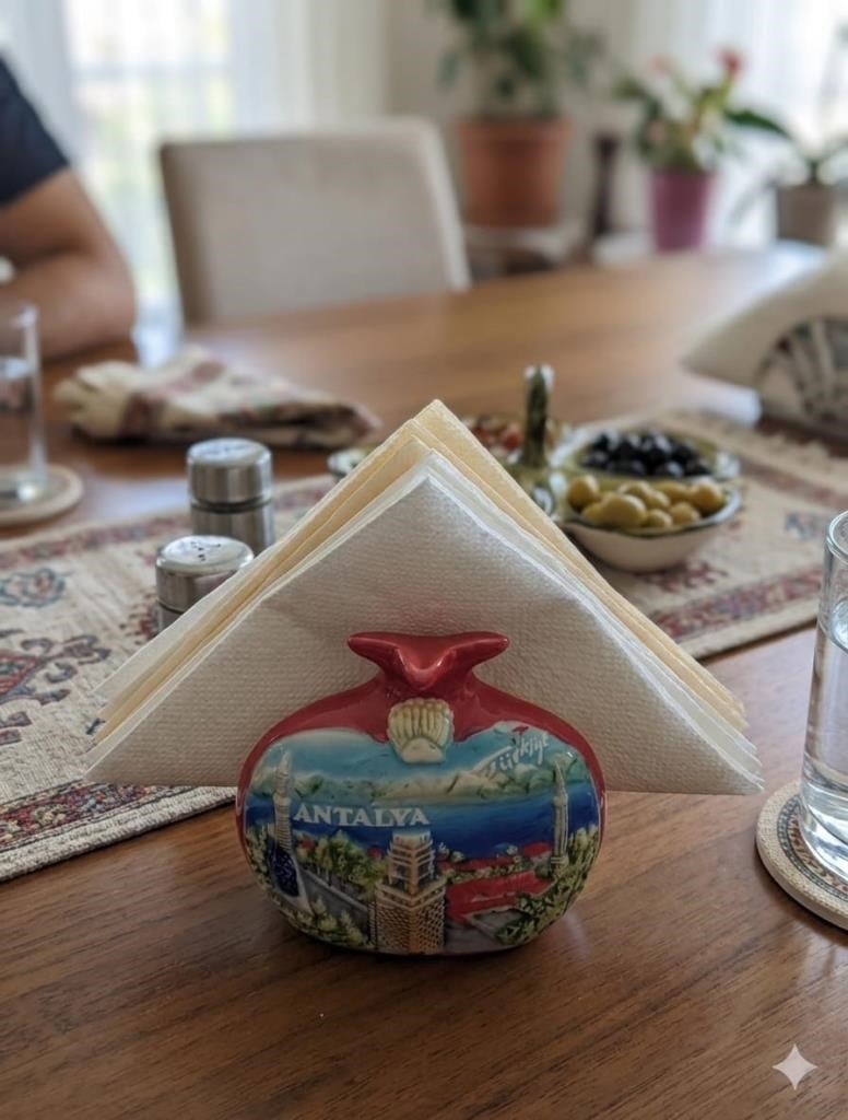 Peçetelik Nar Figürlü Antalya Temalı – Dekoratif Seramik Masa Üstü Peçetelik 9x10 cm Hediyelik Ev Dekoru