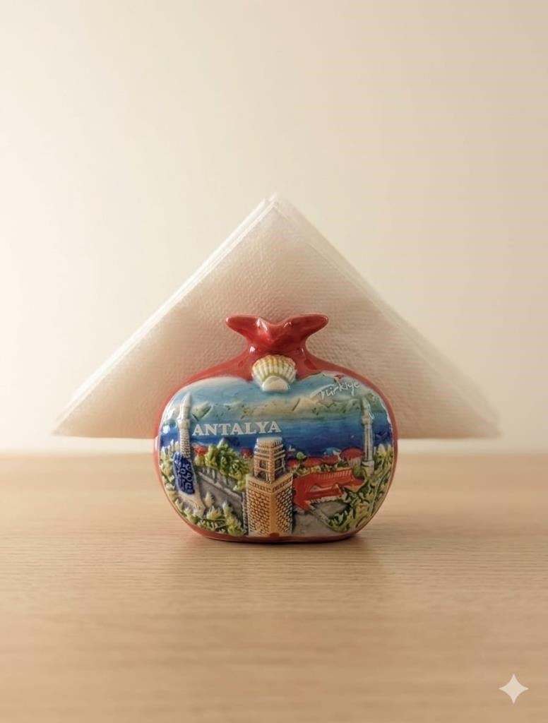 Peçetelik Nar Figürlü Antalya Temalı – Dekoratif Seramik Masa Üstü Peçetelik 9x10 cm Hediyelik Ev Dekoru