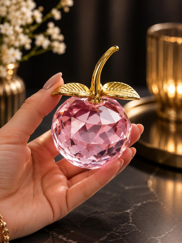 Pembe Kristal Cam Elma Biblo 10.5 Cm Dekoratif Masa Üstü Obje Gold Yapraklı Lüks Ofis Salon Aksesuarı