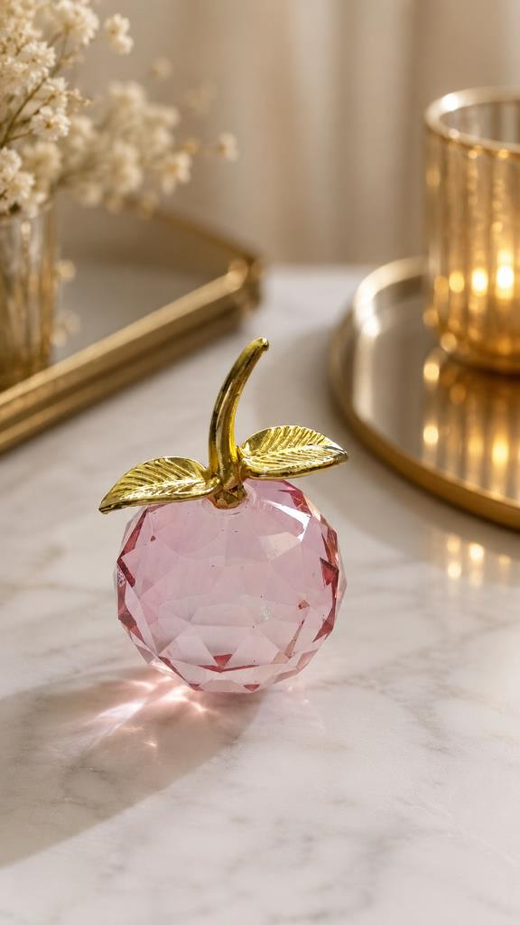 Pembe Kristal Cam Elma Biblo 10.5 Cm Dekoratif Masa Üstü Obje Gold Yapraklı Lüks Ofis Salon Aksesuarı