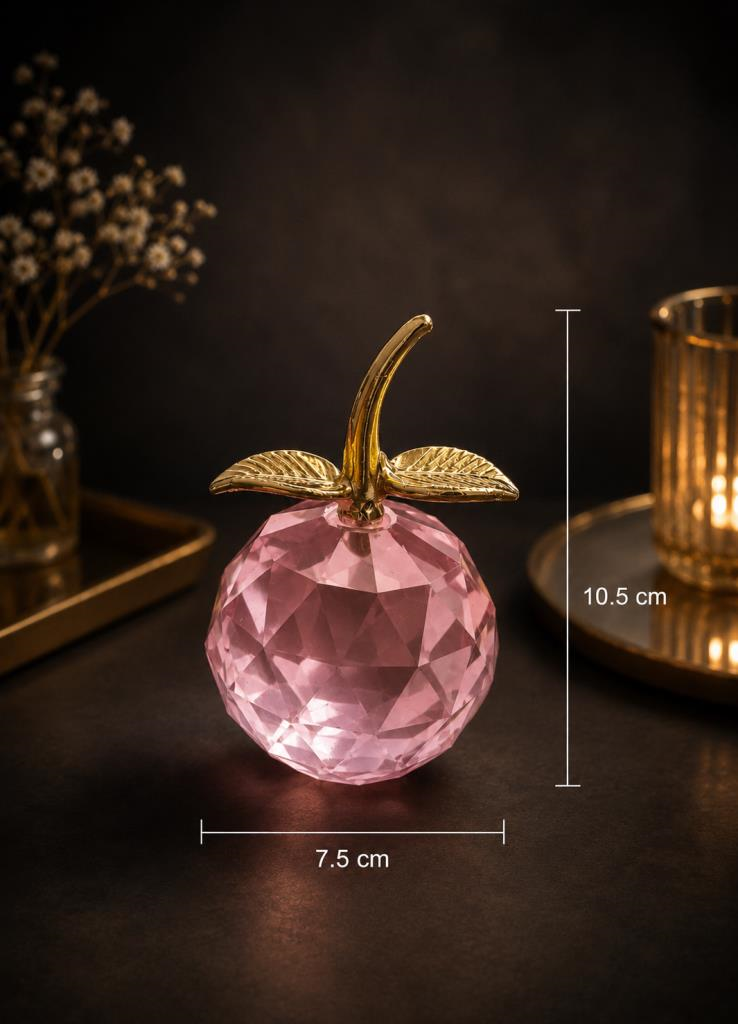 Pembe Kristal Cam Elma Biblo 10.5 Cm Dekoratif Masa Üstü Obje Gold Yapraklı Lüks Ofis Salon Aksesuarı