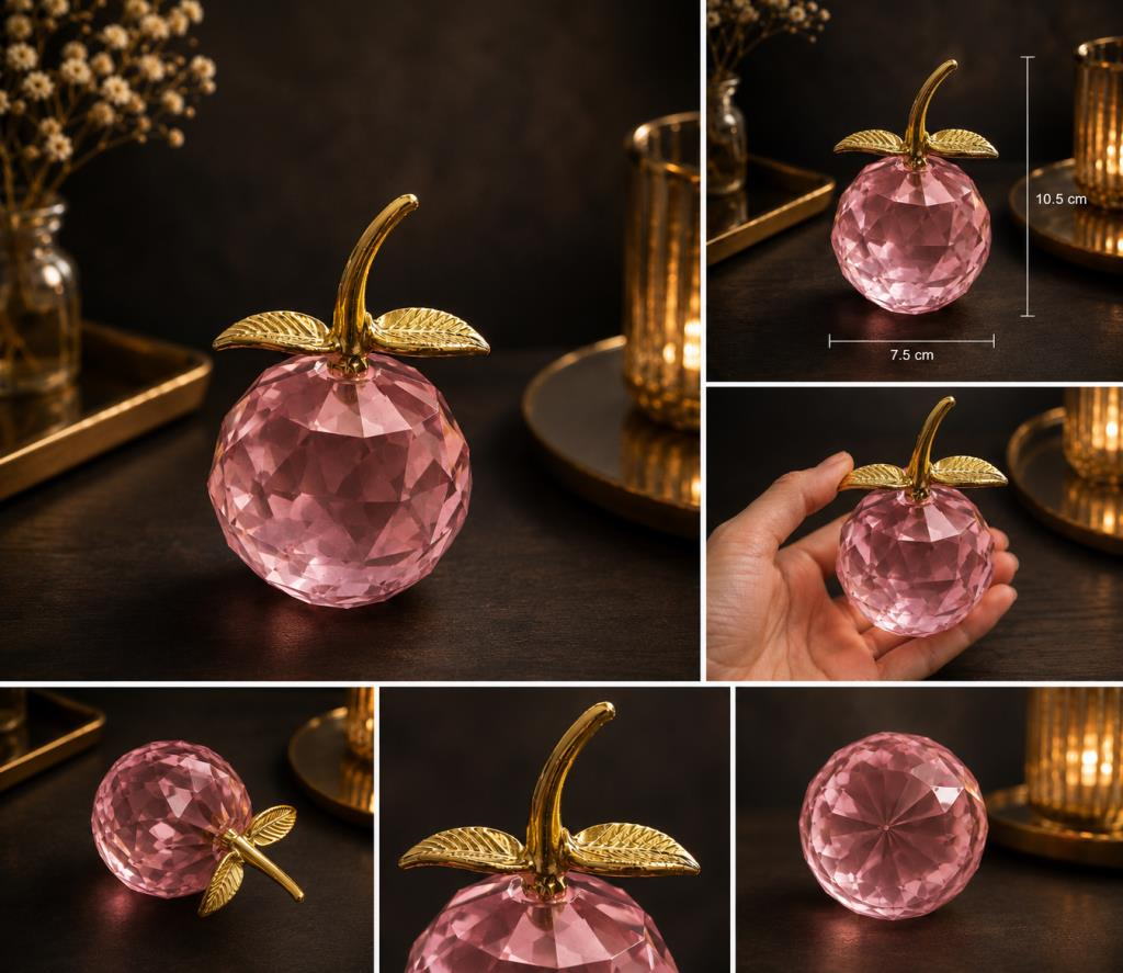 Pembe Kristal Cam Elma Biblo 10.5 Cm Dekoratif Masa Üstü Obje Gold Yapraklı Lüks Ofis Salon Aksesuarı