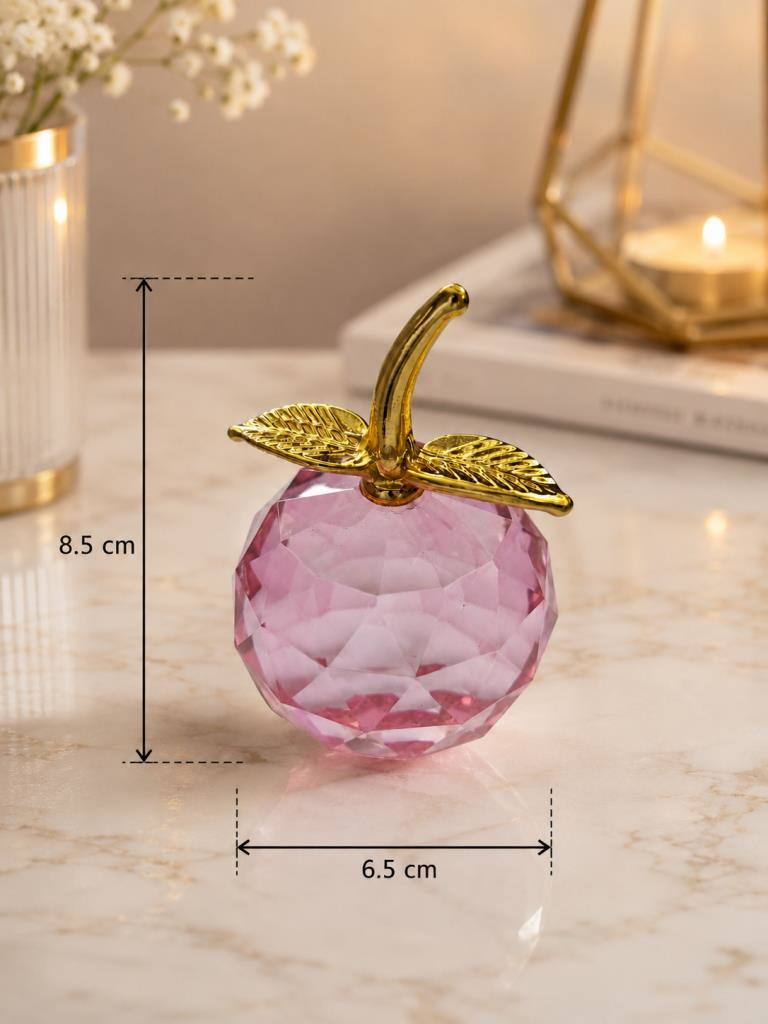 Pembe Kristal Elma Biblo Orta Boy 8.5 Cm Dekoratif Cam Elma Süsü Gold Yapraklı 