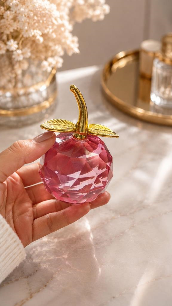 Pembe Kristal Elma Biblo Orta Boy 8.5 Cm Dekoratif Cam Elma Süsü Gold Yapraklı 