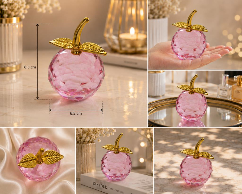 Pembe Kristal Elma Biblo Orta Boy 8.5 Cm Dekoratif Cam Elma Süsü Gold Yapraklı 