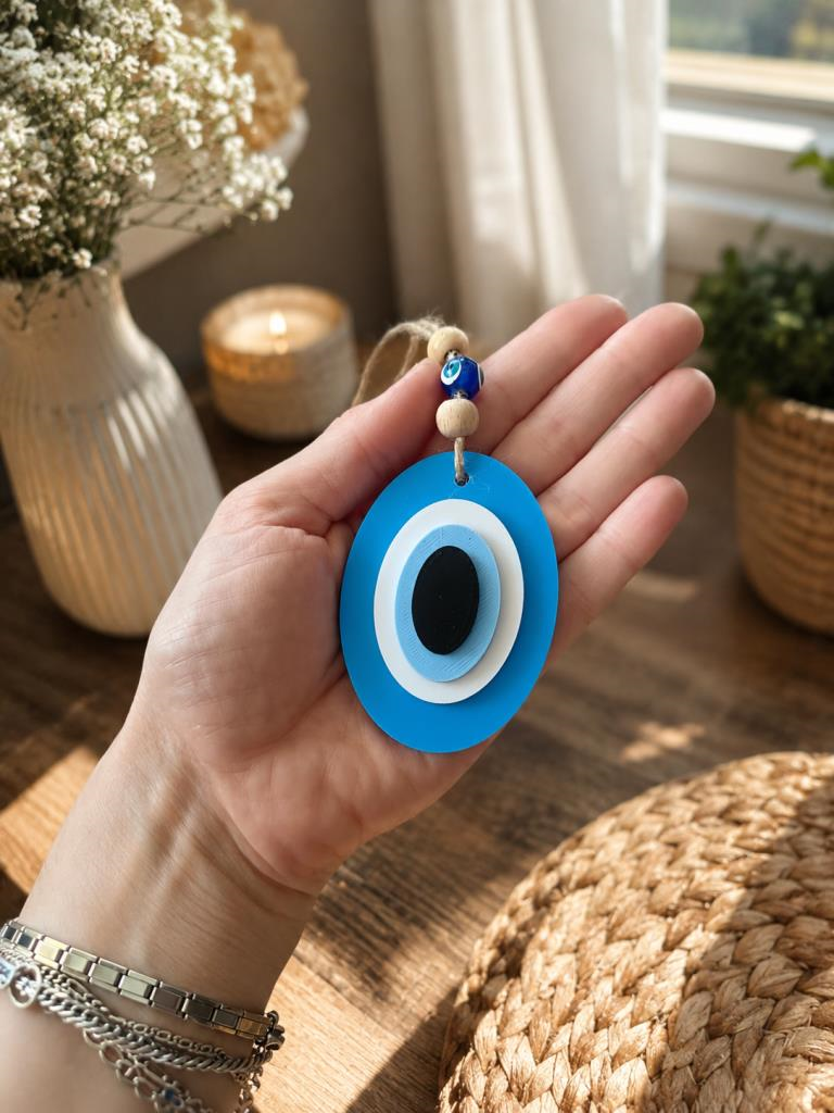 Plastik Nazar Boncuğu Duvar Süsü Dikiz Ayna Süsü Dekoratif Asma Nazar Boncuğu İpli Mavi Ev Ofis Araç Süsü 7x5 cm