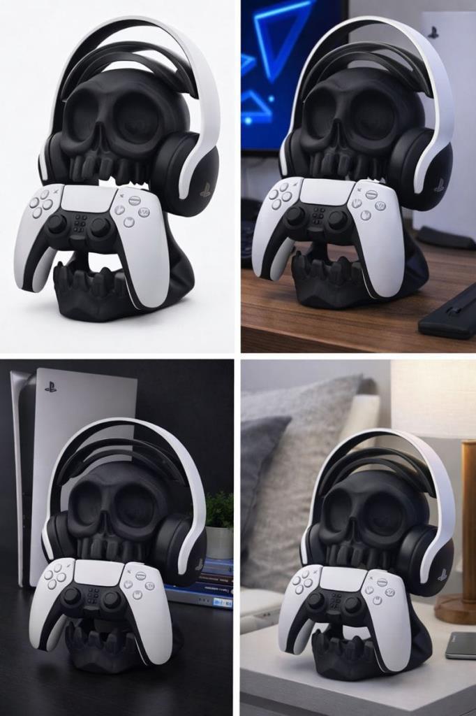 PlayStation Uyumlu Kafatası Oyun Kolu ve Kulaklık Standı – Duvara Monte PS4 / PS5 Gaming Aksesuar