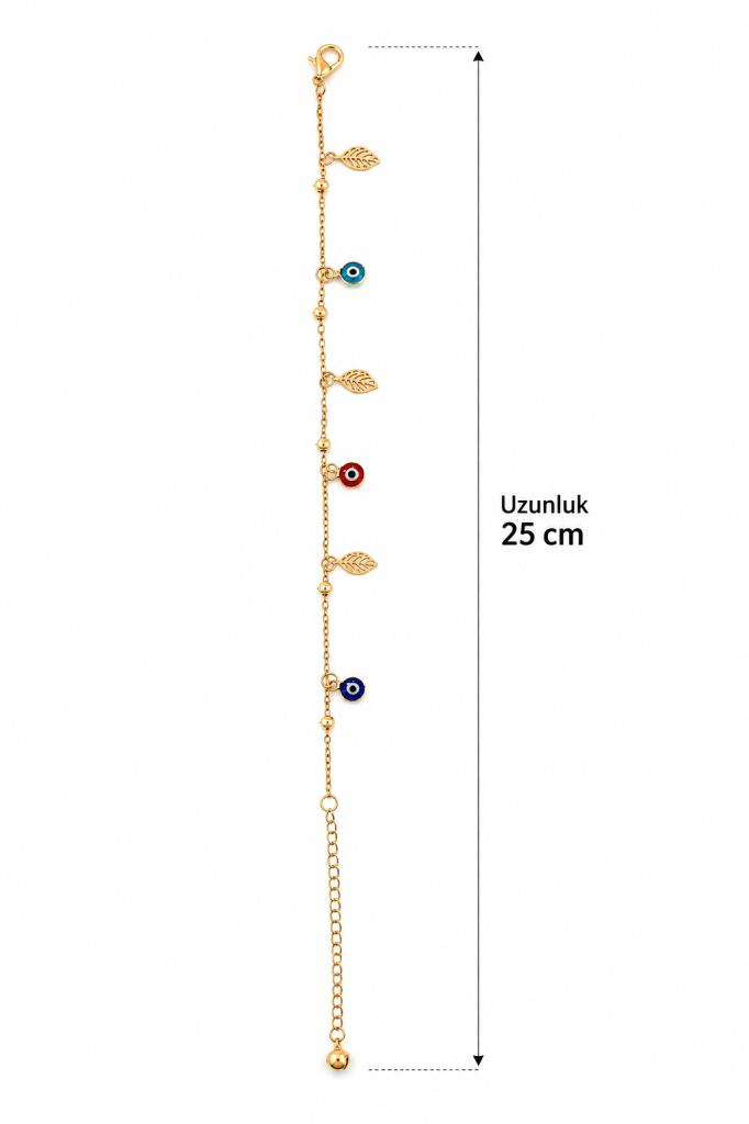 Renkli Nazar Boncuklu Yaprak Figürlü Gold Renk Kadın Halhal Ayarlanabilir Zincir Ayak Bilekliği