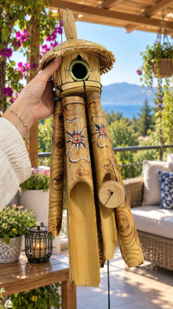 Rüzgar Çanı Bambu Kuş Yuvası Görünümlü Dekoratif Balkon Bahçe Süsü 