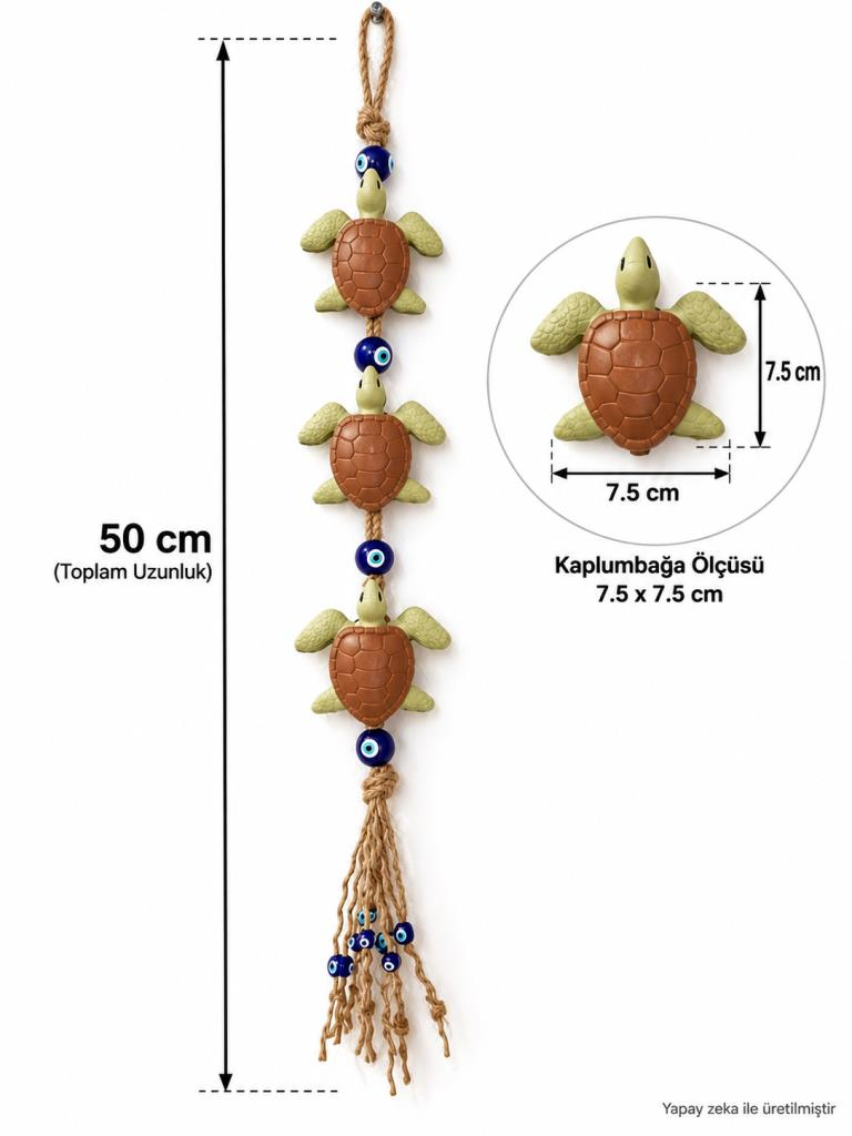 Şans Uğur Kaplumbağası 3’lü Duvar Süsü Nazar Boncuklu Jüt İpli Dekoratif Kapı Süsü 50 cm