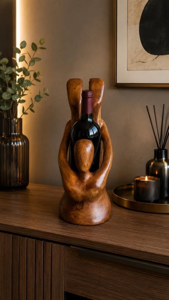 Şaraplık Ahşap Dekoratif Şişe Standı El Yapımı İnsan Figürlü 31,5 x 20 cm
