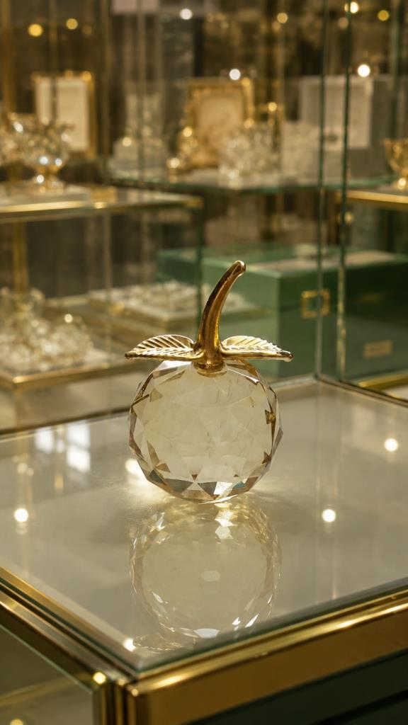 Sarı Kristal Elma Biblo Orta Boy 8.5 Cm Dekoratif Cam Elma Süsü Gold Yapraklı 