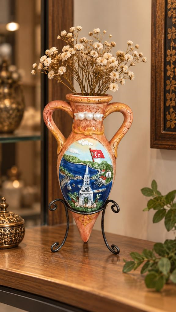 Seramik Vazo İncili Dekoratif Amfora Ayaklı Otantik Vazo 