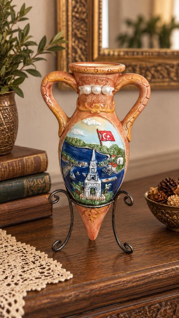 Seramik Vazo İncili Dekoratif Amfora Ayaklı Otantik Vazo 