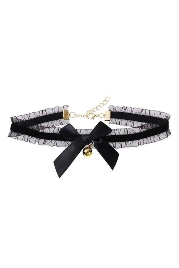 Siyah Şeritli Dantelli Zilli Choker Tasma Kolye Kadın Kız  