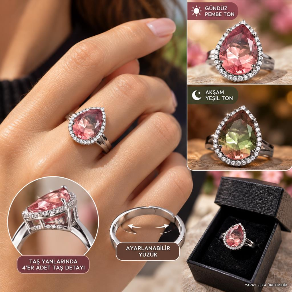 Sultanit Yüzük Damla Taşlı Renk Değiştiren Ayarlanabilir Kutulu 2x1 cm 
