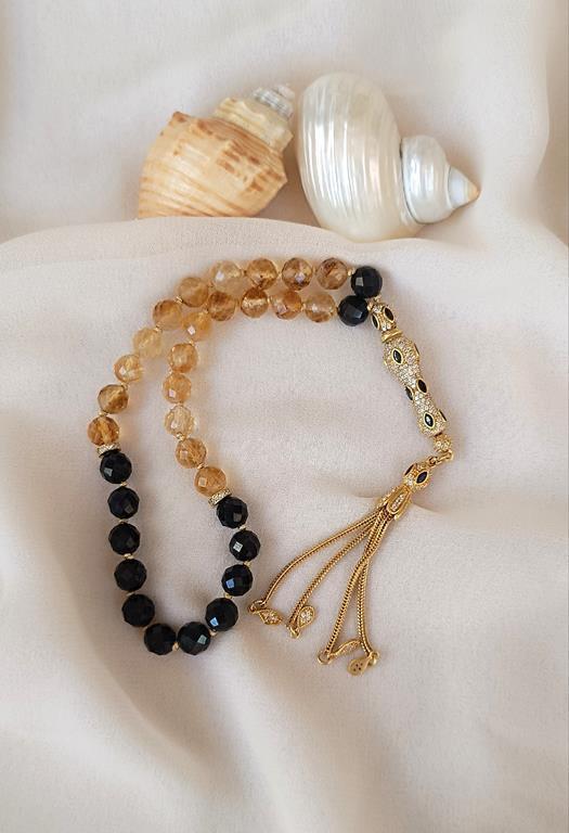 Tesbih Koleksiyonluk 925 Ayar Gümüş 33 lük Sitrin Obsidyen Doğal Taş Faset Kesim 07 mm Tespih  