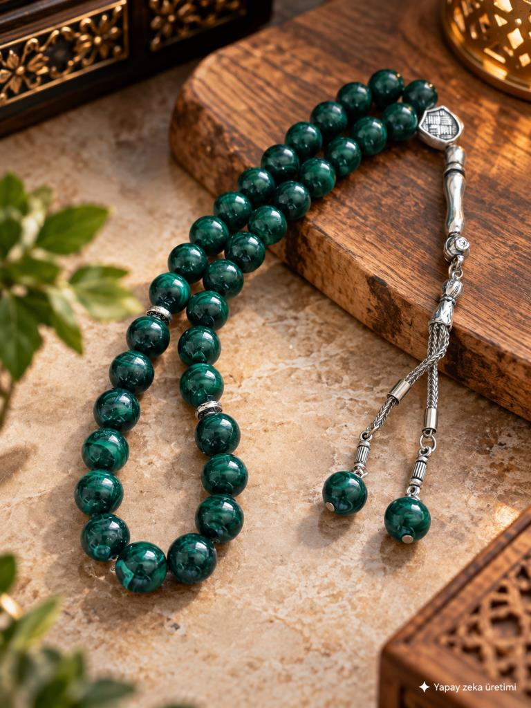 Tesbih Malahit Doğaltaş 10 mm 33’lü Premium Kalite Özel Tasarım Erkek Tesbih Hediyelik