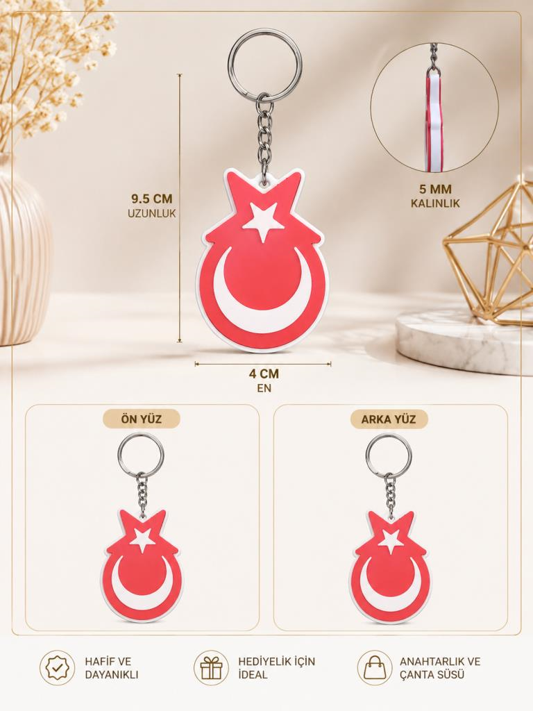 Türk Bayrağı Ay Yıldızlı Çift Taraflı Anahtarlık Çanta Süsü 9,5 cm 