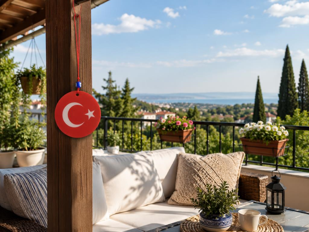 Türk Bayraklı Araba Dikiz Ayna Süsü Çift Taraflı Cam Nazar Boncuklu 25 cm
