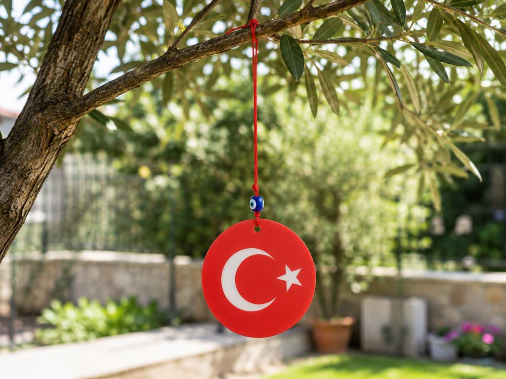Türk Bayraklı Araba Dikiz Ayna Süsü Çift Taraflı Cam Nazar Boncuklu 25 cm