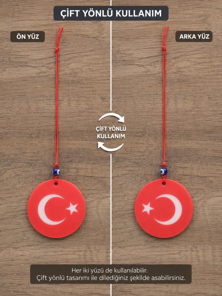 Türk Bayraklı Araba Dikiz Ayna Süsü Çift Taraflı Cam Nazar Boncuklu 25 cm